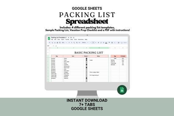 Travel Packing List Spreadsheet: Google Sheets Template (Digital Download)