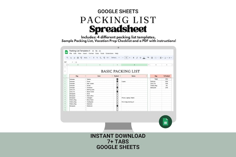 Op de afbeelding: Een computermonitor toont een Google Sheets paklijstspreadsheet. De spreadsheet bevat een basis paklijstsjabloon met kolommen voor items, notities en een verpakte status. Tekst op de afbeelding luidt "PACKING LIST Spreadsheet" en "INSTANT DOWNLOAD 7+ TABS GOOGLE SHEETS."