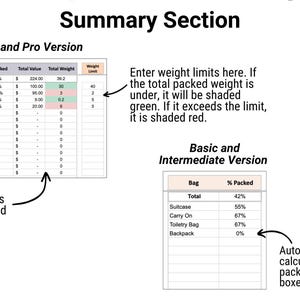 Op de afbeelding: Een screenshot van een spreadsheet met de titel "Summary Section" met twee versies: Advanced en Pro, en Basic en Intermediate. De Advanced-versie toont totalen voor waarde en gewicht, met gewichtslimieten. De Basic-versie berekent automatisch het percentage verpakt.