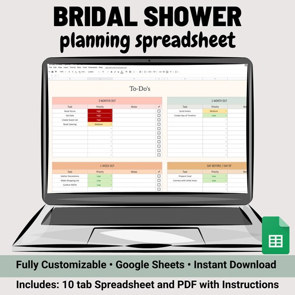 Bridal Shower Planning Spreadsheet | Google Sheets Template | Wedding Maid Of Honor Spreadsheet | Budget | Guest List | Digital Download