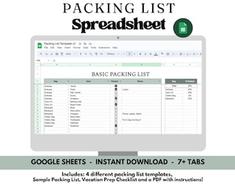 Travel Packing List Spreadsheet | Google Sheets template | Packing Checklist | Vacation Packing Guide | Trip Planner | Fully Customizable