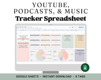 Youtube, Podcast, & Music Tracker Spreadsheet | Google Sheets Template | Leisure Tracker | Favorite Entertainment List | Media Tracker