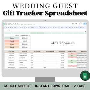 May include: A screenshot of a Google Sheet spreadsheet titled "Wedding Guest Gift Tracker". The spreadsheet has columns for guest name, gifted for, gift category, gift description, gift amount, thank you sent, and mailing address. The spreadsheet is designed to help track wedding gifts received from guests.