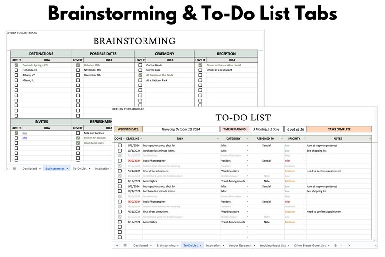 以下が含まれることがあります： 上部に「Brainstorming & To-Do List Tabs」と書かれたデジタルプランナー。 ブレーンストーミングセクションには、目的地、可能な日付、儀式、レセプションのアイデアが含まれています。 To-Doリストセクションには、タスク、カテゴリ、メモが含まれています。