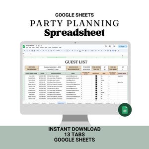 Puede incluir: Un monitor de computadora muestra una hoja de cálculo de Google Sheets para la planificación de fiestas. La hoja de cálculo incluye una lista de invitados con columnas para nombres, direcciones y necesidades dietéticas. El texto superior dice "Google Sheets Party Planning Spreadsheet". El texto inferior dice "Instant Download 13 Tabs Google Sheets".