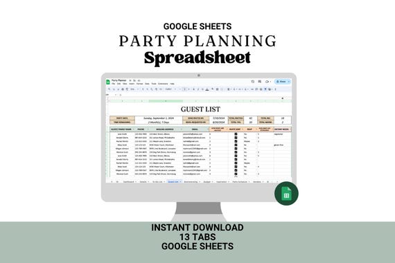 Digital Party Planning Spreadsheet: Google Sheets Template (Instant Digital Download)