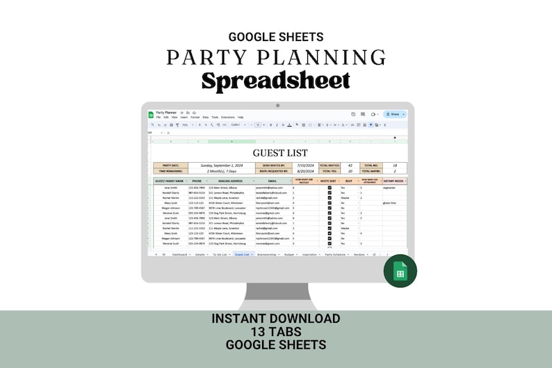 Puede incluir: Un monitor de computadora muestra una hoja de c&aacute;lculo de Google Sheets para la planificaci&oacute;n de fiestas. La hoja de c&aacute;lculo incluye una lista de invitados con columnas para nombres, direcciones y necesidades diet&eacute;ticas. El texto superior dice "Google Sheets Party Planning Spreadsheet". El texto inferior dice "Instant Download 13 Tabs Google Sheets".