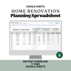 Può includere: Un monitor di computer mostra un foglio di calcolo di Google Sheets per la pianificazione della ristrutturazione della casa. Il foglio di calcolo mostra i dati di monitoraggio del progetto, con il testo "PROJECT TRACKING" in alto. L'immagine include anche il testo "INSTANT DOWNLOAD" e "9 TABS GOOGLE SHEETS".