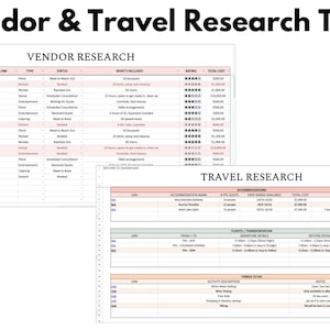 以下が含まれることがあります： 「Vendor & Travel Research Tabs」というタイトルのスプレッドシート。2つのセクションがあります。「Vendor Research」と「Travel Research」です。ベンダーセクションには、ベンダー名、タイプ、ステータスがリストされています。旅行セクションには、宿泊施設、フライト、アクティビティの詳細が含まれています。