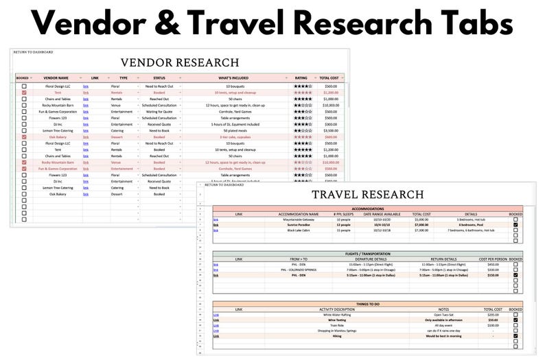 以下が含まれることがあります： 「Vendor & Travel Research Tabs」というタイトルのスプレッドシート。2つのセクションがあります。「Vendor Research」と「Travel Research」です。ベンダーセクションには、ベンダー名、タイプ、ステータスがリストされています。旅行セクションには、宿泊施設、フライト、アクティビティの詳細が含まれています。