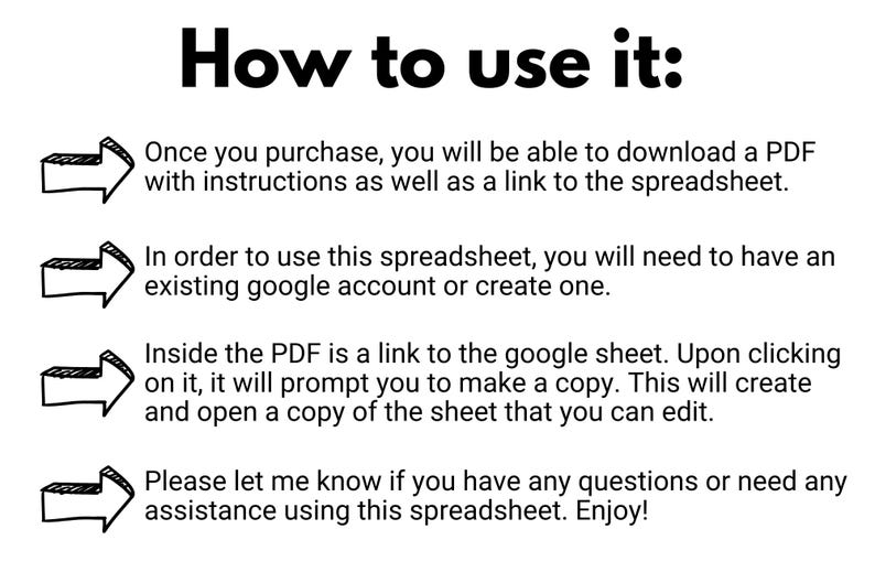 以下が含まれることがあります： 「How to use it:」というタイトルと、スプレッドシートをダウンロードして使用するための手順が記載された白いグラフィック。手順には矢印が付いています。