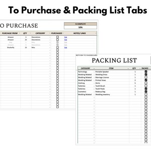 以下が含まれることがあります： 「To Purchase」と「Packing List」というラベルの付いた2つのデジタルスプレッドシートで、データテーブルがあります。「To Purchase」リストには、アイテム、数量、カテゴリが含まれています。「Packing List」には、アイテム、数量、梱包ステータスが表示されます。