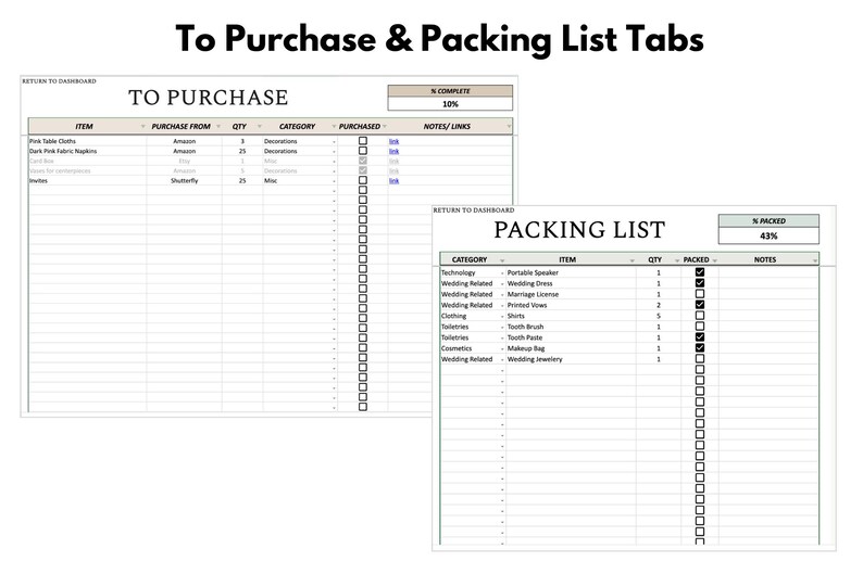 以下が含まれることがあります： 「To Purchase」と「Packing List」というラベルの付いた2つのデジタルスプレッドシートで、データテーブルがあります。「To Purchase」リストには、アイテム、数量、カテゴリが含まれています。「Packing List」には、アイテム、数量、梱包ステータスが表示されます。