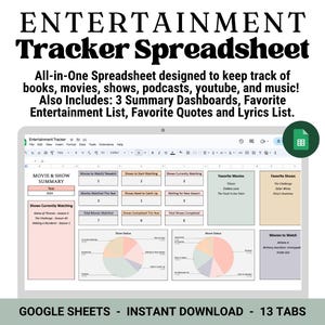 Puede incluir: Una plantilla de hoja de cálculo de Google Sheets para realizar un seguimiento del entretenimiento. La hoja de cálculo tiene 13 pestañas, que incluyen un resumen de películas y programas, películas favoritas, programas favoritos y una lista de películas para ver. La hoja de cálculo también incluye tres paneles de resumen, una lista de entretenimiento favorito y una lista de citas y letras favoritas.
