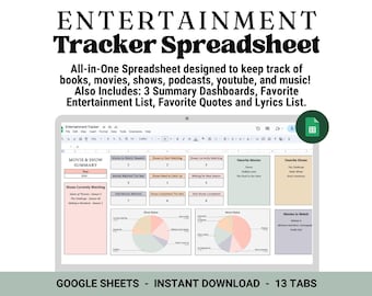 All-In-One Entertainment Tracker Spreadsheet | Movie, Show & Book Tracker | Podcasts, Youtube, and Music Tracker | Google Sheets Spreadsheet