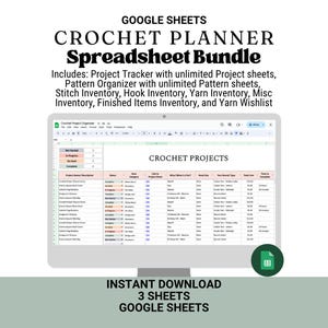 Puede incluir: Un monitor de ordenador muestra un paquete de hojas de cálculo de Google Sheets Crochet Planner. La hoja de cálculo incluye el seguimiento de proyectos, la organización de patrones y hojas de inventario. El texto en la parte superior dice "GOOGLE SHEETS CROCHET PLANNER Spreadsheet Bundle."