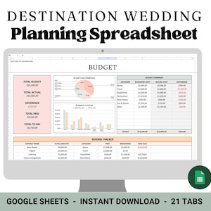 May include: A computer screen displaying a Google Sheets spreadsheet for destination wedding planning. The spreadsheet includes a budget summary, expense tracker, and charts. The text on the screen reads "Destination Wedding Planning Spreadsheet", "Budget", "Budget Summary", "Expense Tracker", "Google Sheets - Instant Download - 21 Tabs".