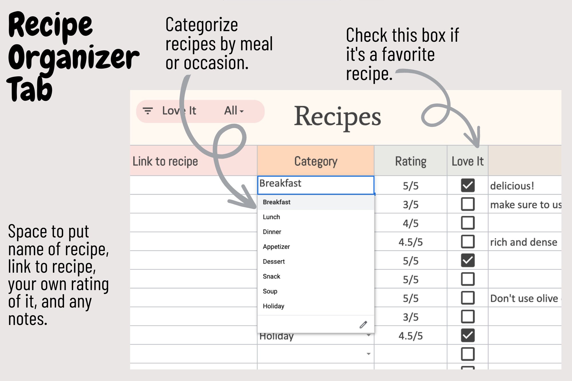 Recipe Organizer Spreadsheet Recipe Planner Google Sheets Template