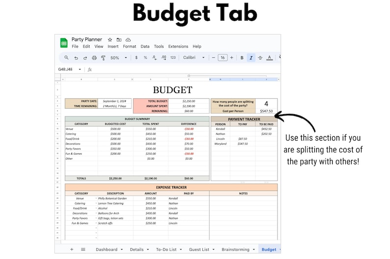 Puede incluir: Una hoja de c&aacute;lculo titulada "Presupuesto" con una interfaz de planificador de fiestas. El documento incluye secciones para el resumen del presupuesto, el seguimiento de gastos y el seguimiento de pagos. El texto "Budget Tab" est&aacute; en la parte superior. El costo por persona es de $547.50.