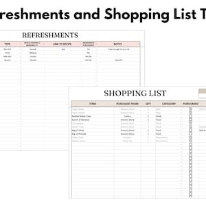 Puede incluir: Imagen de dos hojas de c&aacute;lculo tituladas "Refrescos" y "Lista de la compra". La pesta&ntilde;a "Refrescos" enumera platos y notas. La pesta&ntilde;a "Lista de la compra" incluye art&iacute;culos, lugares de compra, cantidades y categor&iacute;as.