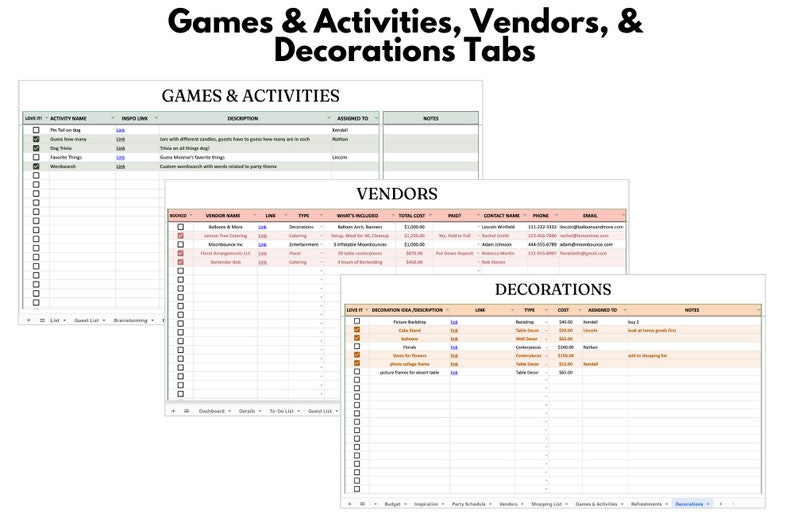 Puede incluir: Una hoja de c&aacute;lculo digital con pesta&ntilde;as etiquetadas como "Juegos y actividades", "Proveedores" y "Decoraciones". La pesta&ntilde;a "Juegos y actividades" enumera los nombres y descripciones de las actividades. La pesta&ntilde;a "Proveedores" incluye detalles de los proveedores. La pesta&ntilde;a "Decoraciones" enumera los elementos de decoraci&oacute;n.