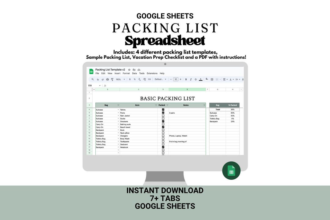 Travel Packing List Spreadsheet: Google Sheets Template (digital ...