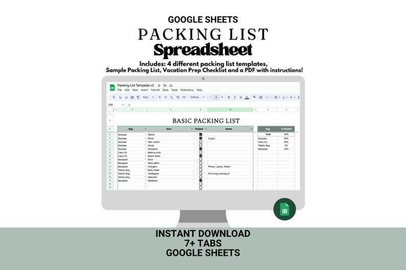 Travel Packing List Spreadsheet: Google Sheets Template (digital ...