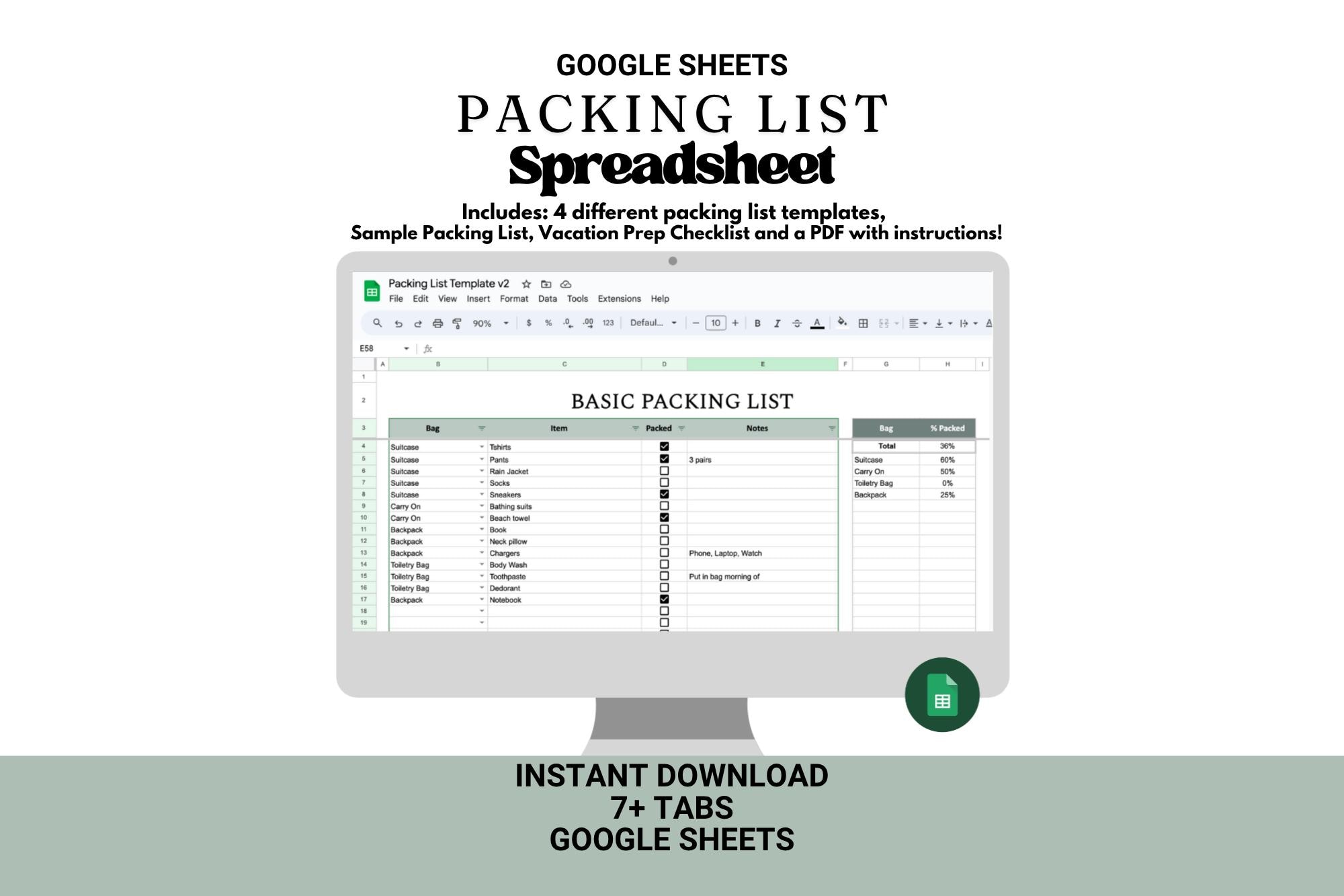 Travel Packing List Spreadsheet: Google Sheets Template (digital ...