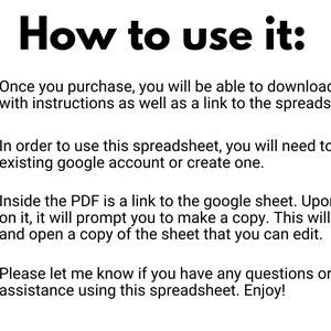 Puede incluir: Gr&aacute;fico blanco con el texto "How to use it:" e instrucciones sobre c&oacute;mo usar una hoja de c&aacute;lculo. Las flechas apuntan a cada paso, explicando el proceso de descarga y uso.