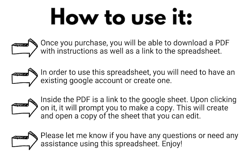 Puede incluir: Gr&aacute;fico blanco con el texto "How to use it:" e instrucciones sobre c&oacute;mo usar una hoja de c&aacute;lculo. Las flechas apuntan a cada paso, explicando el proceso de descarga y uso.