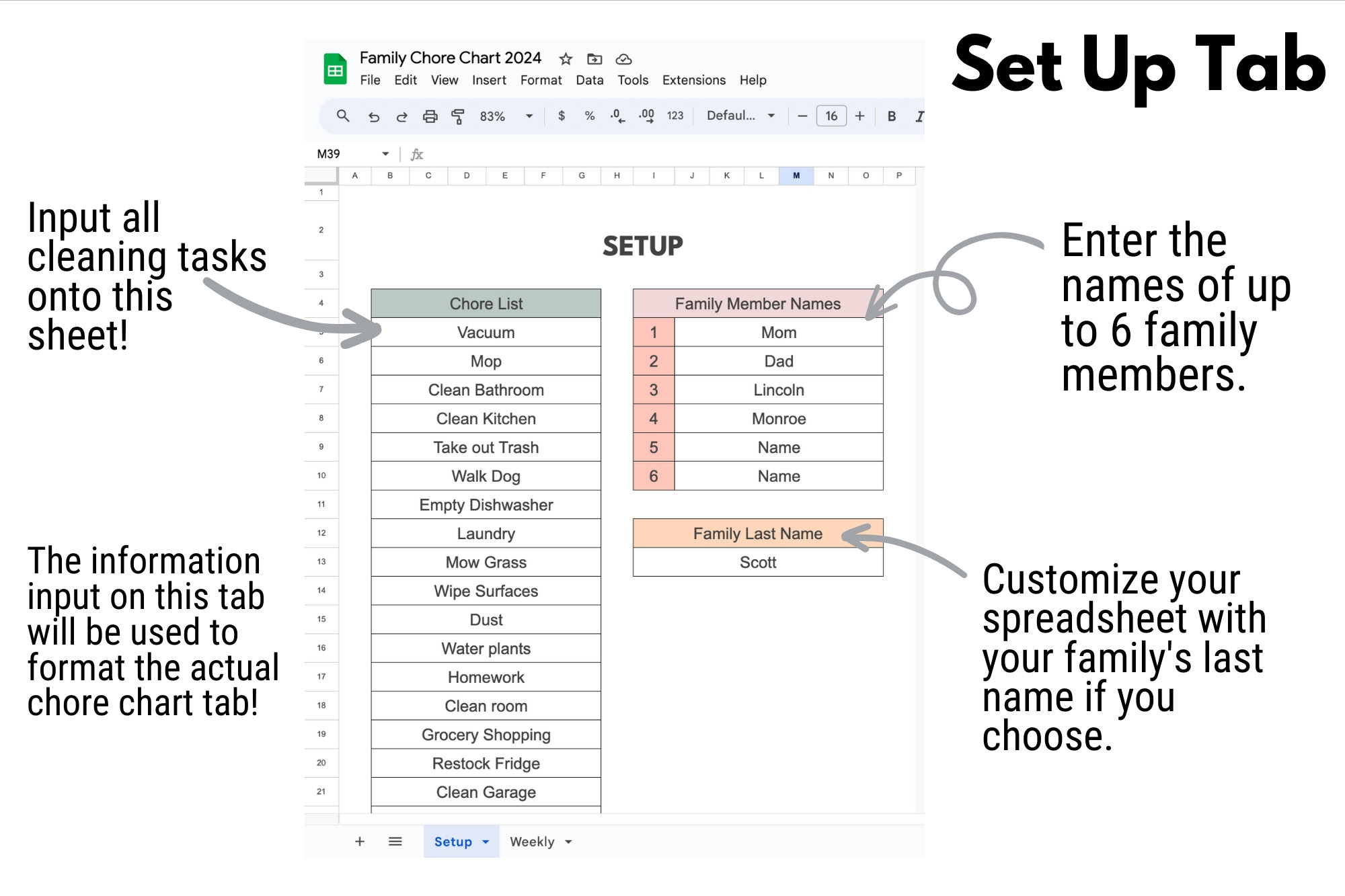 Family Chore Chart | Google Sheets | Customizable Spreadsheet Template