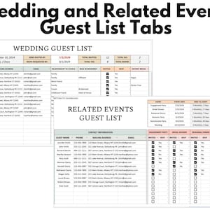 以下が含まれることがあります： 結婚式や関連イベント用のデジタルゲストリストテンプレート。ゲストの詳細、連絡先情報、RSVP追跡のセクションが含まれています。「Wedding and Related Events Guest List Tabs」というタイトルが上部に表示されています。