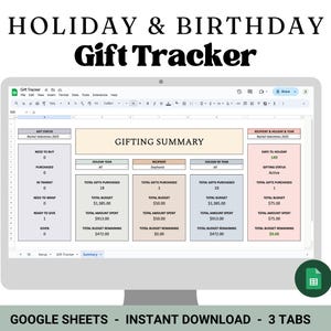 May include: A screenshot of a Google Sheet spreadsheet titled "Holiday & Birthday Gift Tracker". The spreadsheet is divided into four sections: "Gift Status", "Gifting Summary", "Recipient & Money & Year", and "Dates to Holiday". Each section has a table with various columns and rows. The spreadsheet is designed to help users track their holiday and birthday gift giving.