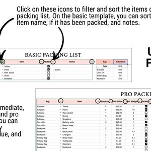 Op de afbeelding: Een screenshot van een inpaklijstsjabloon met de tekst "BASIC PACKING LIST" en "PRO PACKING LIST". De afbeelding laat zien hoe je items kunt filteren en sorteren op tas, itemnaam en andere criteria.