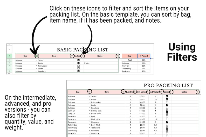 Op de afbeelding: Een screenshot van een inpaklijstsjabloon met de tekst "BASIC PACKING LIST" en "PRO PACKING LIST". De afbeelding laat zien hoe je items kunt filteren en sorteren op tas, itemnaam en andere criteria.