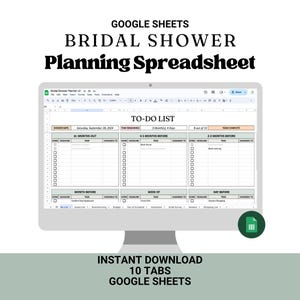 Puede incluir: Un monitor de computadora muestra una hoja de cálculo de Google Sheets titulada "Bridal Shower Planning Spreadsheet". La pantalla muestra una lista de tareas. El texto en la parte inferior dice "Descarga instantánea 10 pestañas Google Sheets."