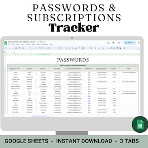 Wachtwoord- en abonnementtracker | Spreadsheetsjabloon voor Google Spreadsheets | Lijst met accountinformatie | Wachtwoord en inloggen Organizer | Wachtwoorden