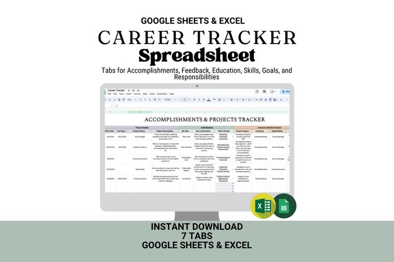 Profession Spreadsheet Career Tracker Spreadsheet: Google Sheets & Excel Template (digital ...