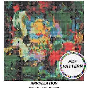 May include: A pixel art pattern for cross-stitch featuring a colorful abstract design with a red, yellow, green, and blue color scheme. The pattern is titled "Annihilation" by Glitchystitcher and includes a "PDF Pattern" label.