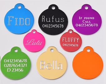 Aluminium Round Shaped Custom Made / Personalised Customised Deep Engraved Pet Puppy Dog ID Tag + Free Split Ring