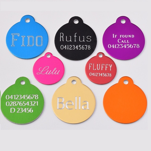 Aluminium Round Shaped Custom Made / Personalised Customised Deep Engraved Pet Puppy Dog ID Tag + Free Split Ring