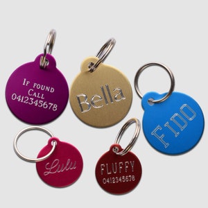 Aluminium Round Shaped Custom Made / Personalised Customised Deep Engraved Pet Puppy Dog ID Tag Free Split Ring image 2