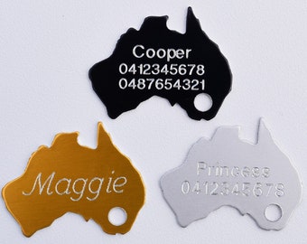 Aluminium Australia Shaped Custom Made / Personalised Customised Deep Engraved Pet Puppy Dog ID Tag + Free Split Ring