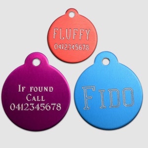 Aluminium Round Shaped Custom Made / Personalised Customised Deep Engraved Pet Puppy Dog ID Tag Free Split Ring image 4