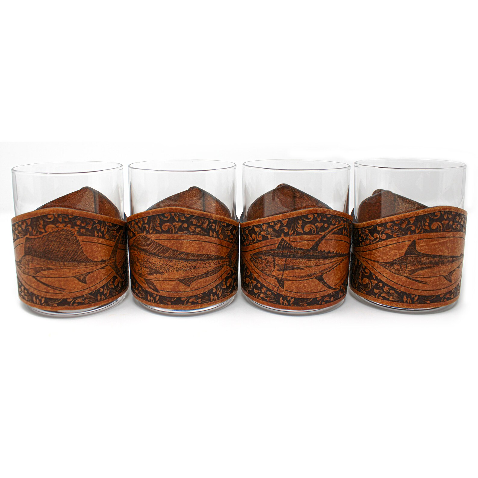 custom leather wrapped whiskey glass
