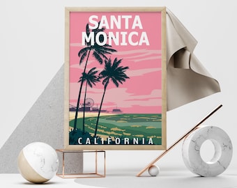 Póster de viaje a Santa Mónica: Arte playero vintage de California