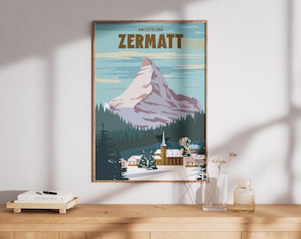 Póster de viaje vintage de Zermatt, Suiza, arte mural retro de la montaña Matterhorn, decoración del hogar en Zermatt, impresión de regalo para amantes del esquí