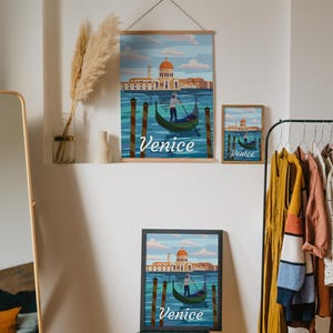 Poster di viaggio di Venezia - Stampa artistica da parete con gondola vintage, illustrazione di paesaggio urbano italiano retrò, decorazione stampabile europea, regalo per gli amanti dell'arte