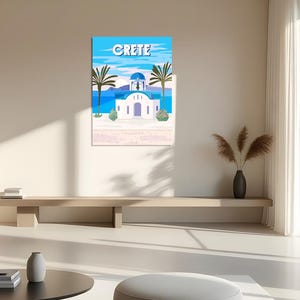 Vintage Crete Travel Poster, Blue Dome Church Print, Greek Island Wall Art, Retro Mediterranean Decor