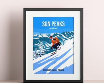 Vintage Sun Peaks Ski Resort Poster – Retro Winter Skiing Art, Canada British Columbia Mountain Wall Decor, Classic Alpine Illustration POD